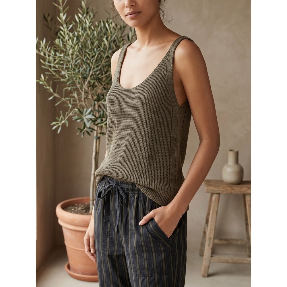 Vince Lattice Stitch Knit Tank Top Olive Green Cotton NWT Size XS S M $245